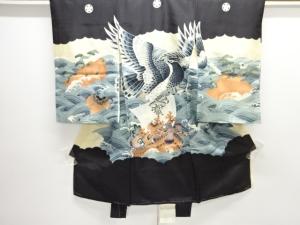 アンティーク　宝船に鷹模様刺繍紋付男児着物（長襦袢・内袖付き）